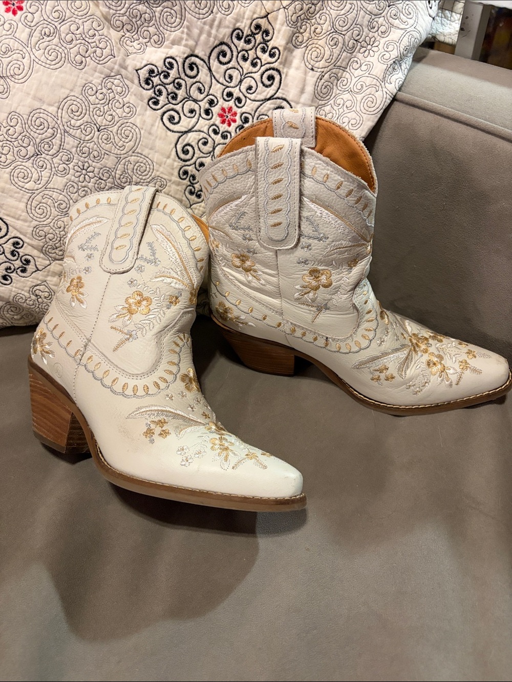 dingo Cream Embroidered Western Booties with Gold Accents